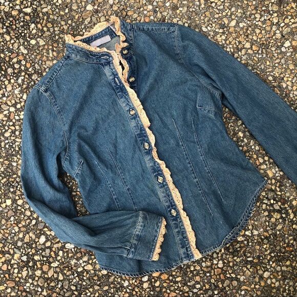 Vtg denim and lace trim prairie top blouse 6p - Picture 1 of 6